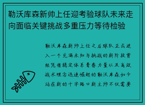 勒沃库森新帅上任迎考验球队未来走向面临关键挑战多重压力等待检验